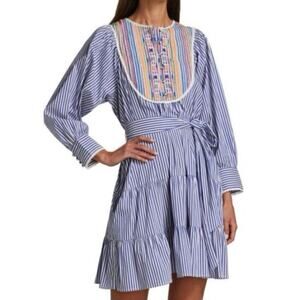 Tanya Taylor Elaia Striped Cotton Embroidered Bib Tiered Mini Dress S $465